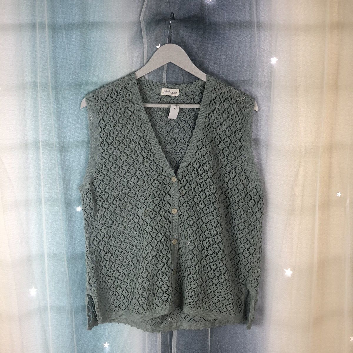 image of Homespun Knitwear x Vintage Original Fashion Mesh Net Crochet Vest Cardigan 7401 in Green, Women's 