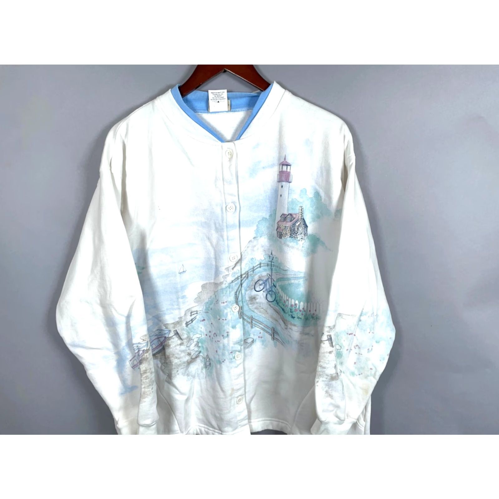 Doublet Artisans White Cardigan Sweatshirt Women's XL White Knit Double Collar Cardigan Geometric Print 90s Beach Nature Outdoor Graphic Print Button Front Size XL / US 12-14 / IT 48-50 - 4 Thumbnail
