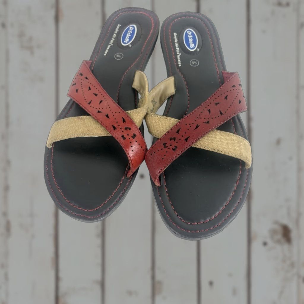 Scholl VINTAGE Dr Scholls Wyoming Flat Slides Womens Size 9.5M Open Toe Slip On Leather Canvas Red/Tan Casual Summer Women Size US 9.5 / IT 39.5 - 1 Thumbnail