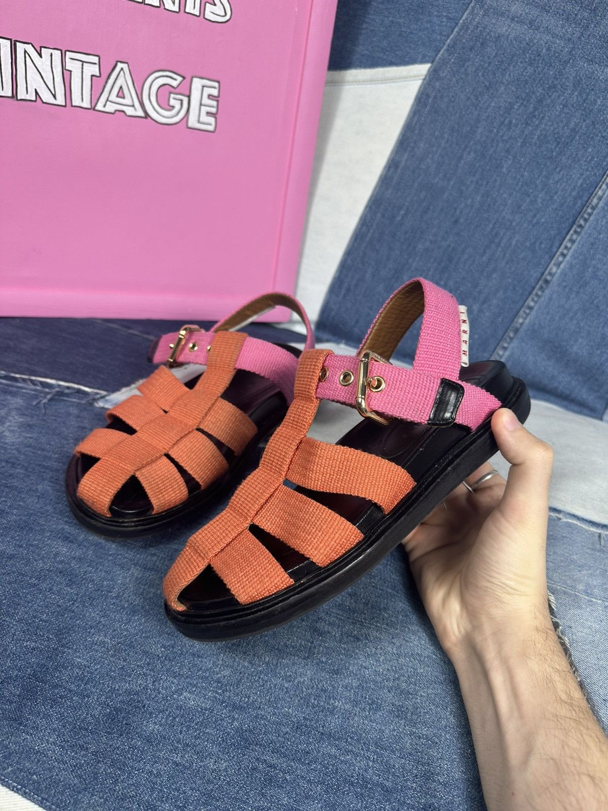 Marni Marni Orange & Pink Fisherman Sandals Canvas Straps Leather Size US 7 / IT 37 - 9 Thumbnail