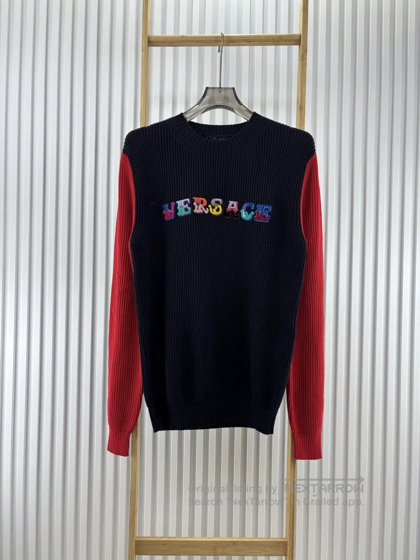 Versace Embroidered Sweater with Colorful Sleeves.
