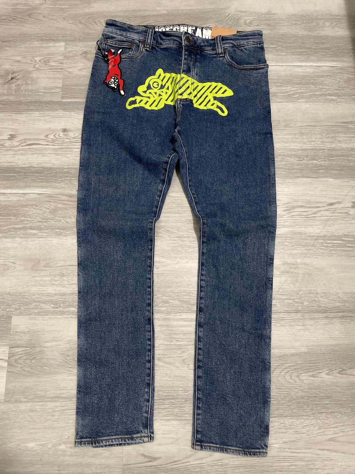 image of Billionaire Boys Club x Icecream Neon Lime Running Dog Denim Jeans in Blue, Men's (Size 36)