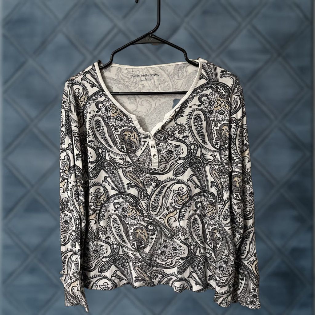 Croft & Barrow CROFT & BARROW Women's Long Sleeve Geometric Print Henley T-Shirt Size L Multicolor Casual 100% Cotton Size L / US 10 / IT 46 - 1 Thumbnail