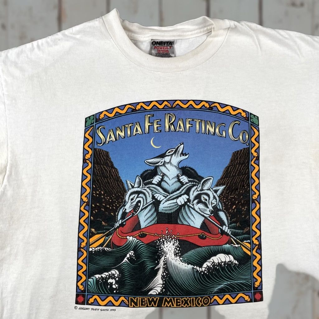 Vintage VINTAGE Oneita Shirt XL White Santa Fe New Mexico Rafting Company 1993 Wolf Graphic Mens Size US XL / EU 56 / 4 - 1 Thumbnail