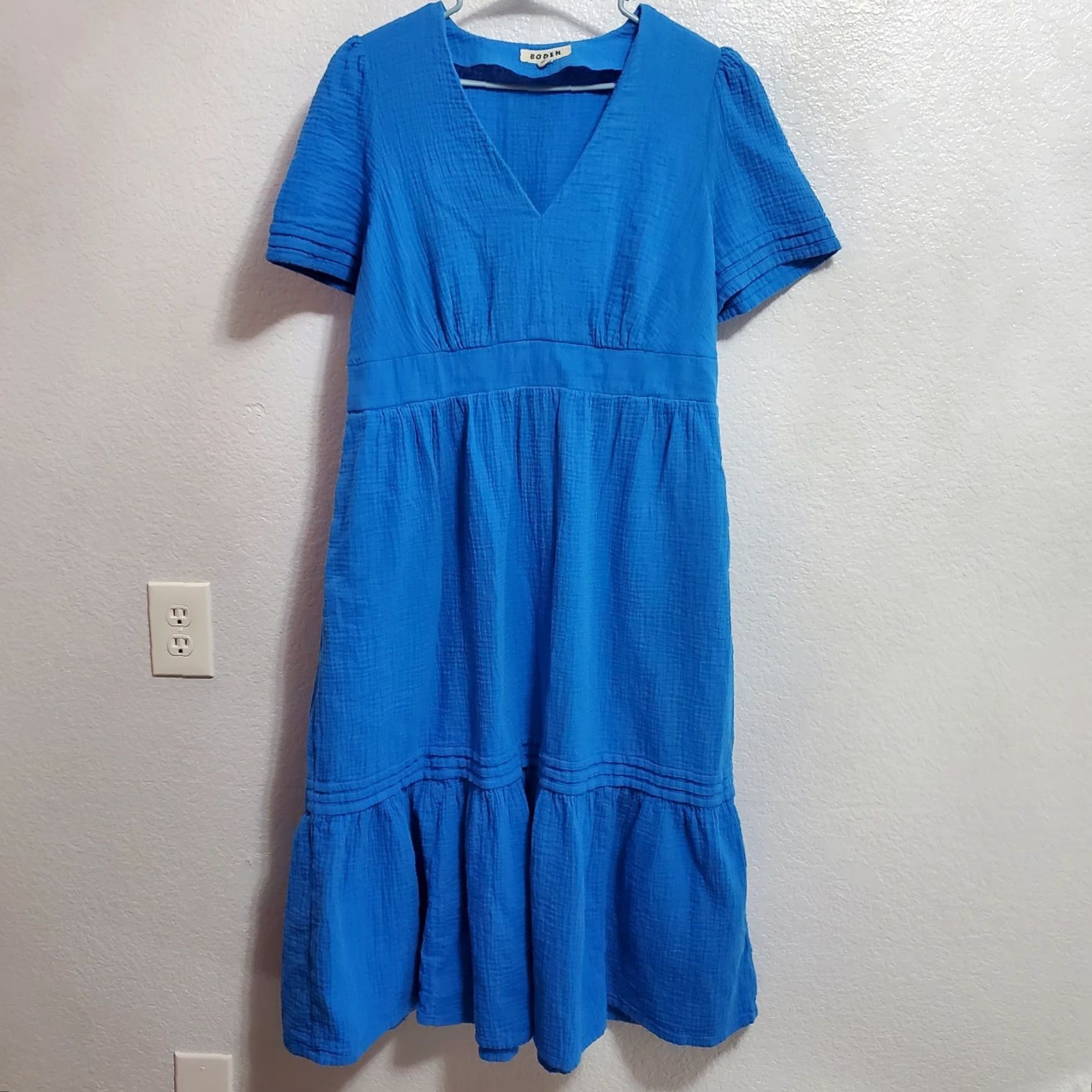 Boden VINTAGE Boden Maxi Dress Women 14R Blue Cotton Gauze Tiered Short Sleeve Pockets Boho Bohemian Cottagecore A-Line Maxi Womens 14 Blue Size 36" / US 14 / IT 50 - 2 Thumbnail