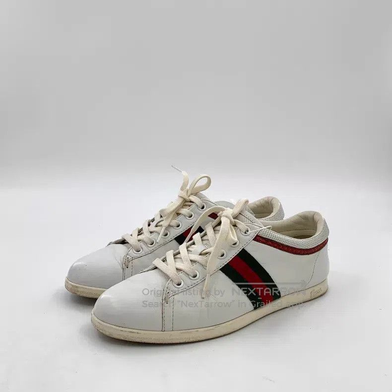 Gucci Gucci White striped webbing lace-up casual flat board shoe Size US 5.5 / IT 35.5 - 1 Thumbnail