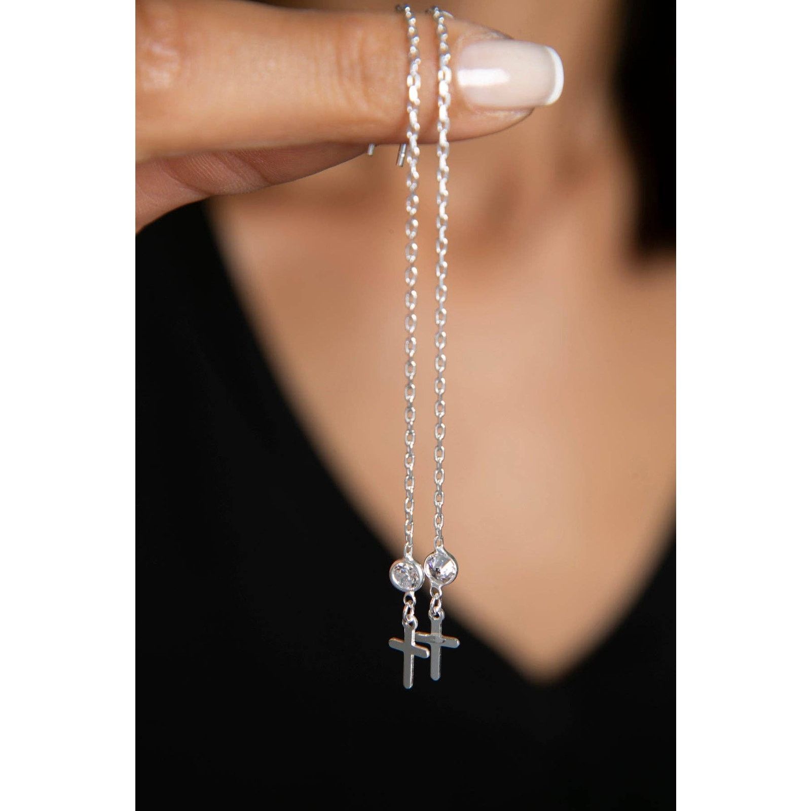 Other 925 Sterling Silver Cross Threader Earrings with Stones Size ONE SIZE - 8 Thumbnail