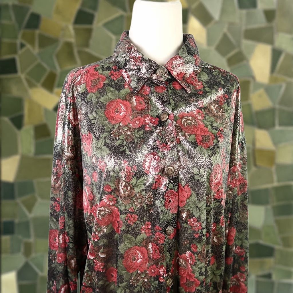 Lee VINTAGE Lauren Lee Blouse Tunic Bohemian 80s Floral Silver Metallic Green Pink L Women Size L / US 10 / IT 46 - 1 Thumbnail