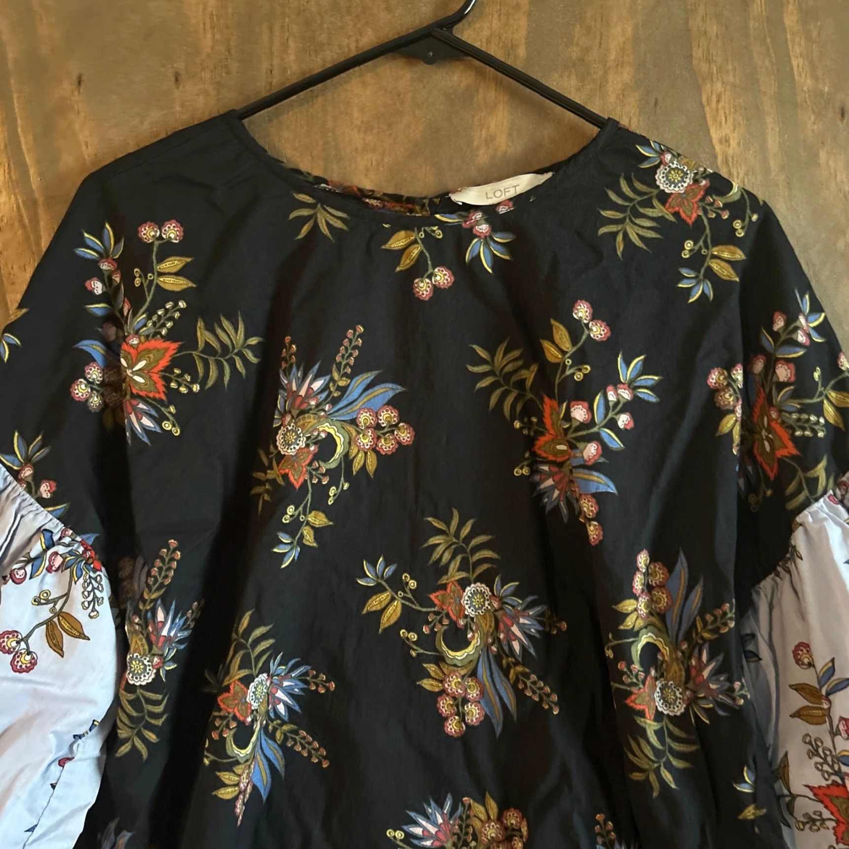 Ann Taylor VINTAGE Ann Taylor LOFT Blouse Black Floral Long Puff Sleeve 100% Cotton Medium Size M / US 6-8 / IT 42-44 - 2 Thumbnail