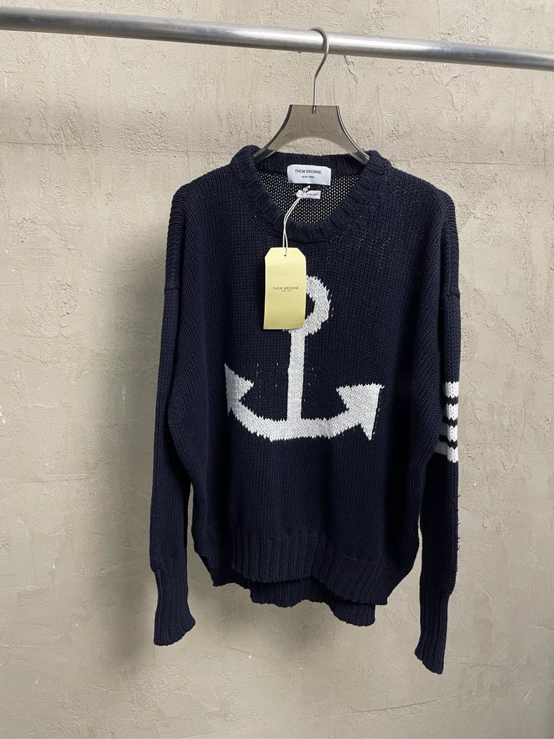 Thom Browne Thom browne Dark blue anchor four-striped round-neck knitte Size US M / EU 48-50 / 2 - 1 Thumbnail