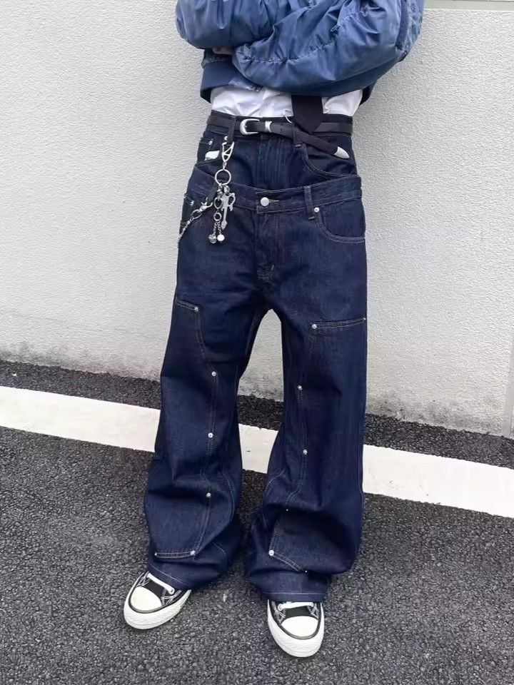 Double-Waist Studded Wide-Leg Jeans