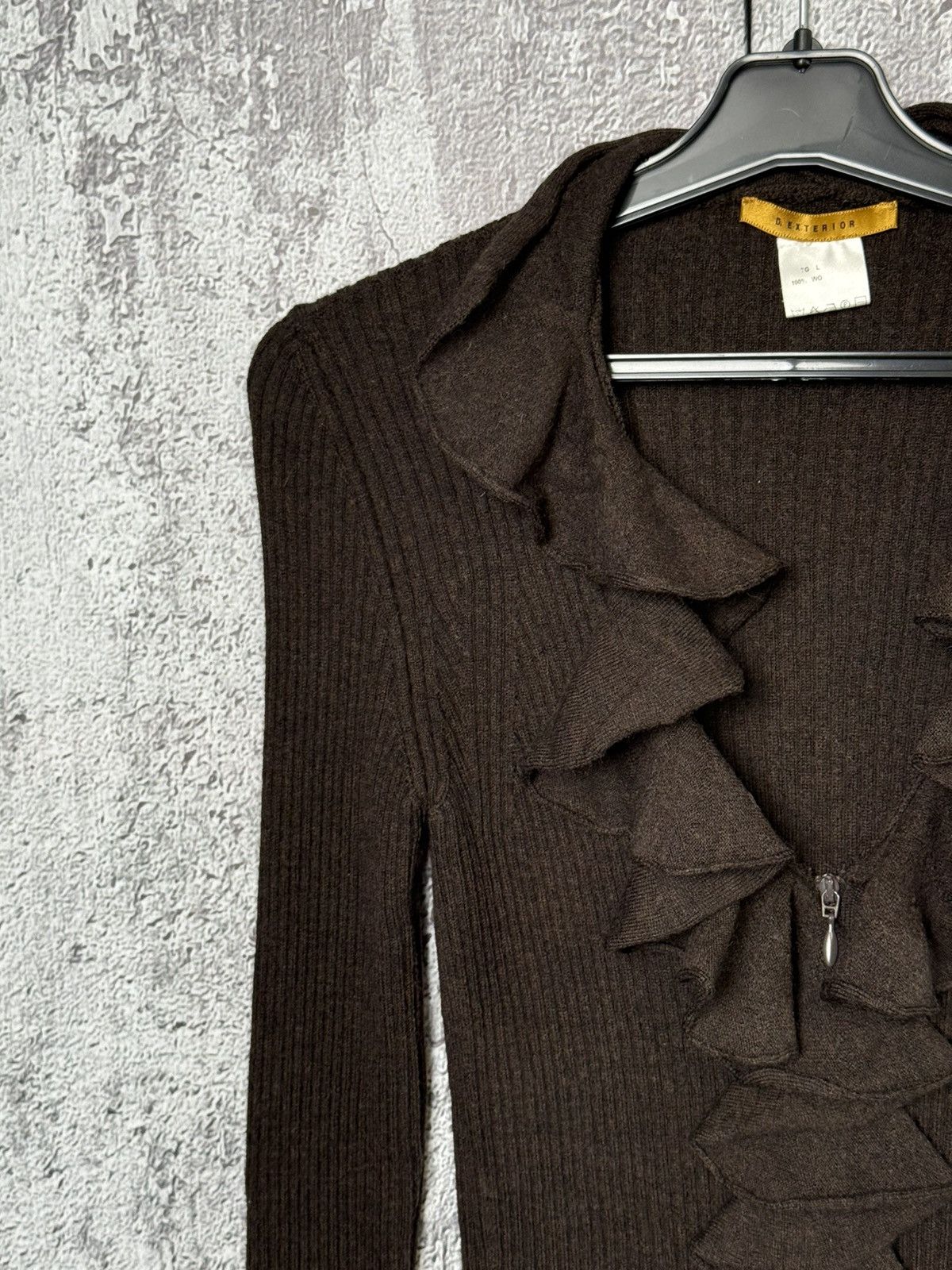 D.Exterior D.Exterior Brown Ribbed Wool Ruffle Zip Cardigan Sweater Size L / US 10 / IT 46 - 3 Thumbnail