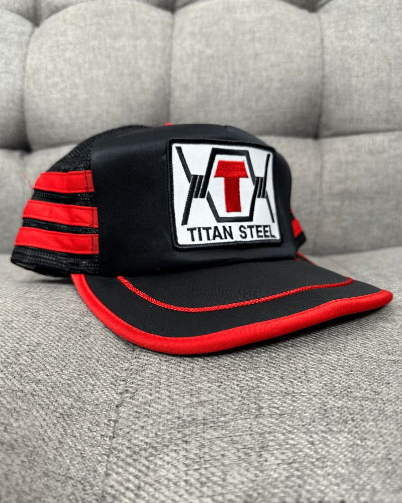 Vintage Vintage Titan Steel Patch Striped Black/Red Trucker Hat Size ONE SIZE - 1 Thumbnail