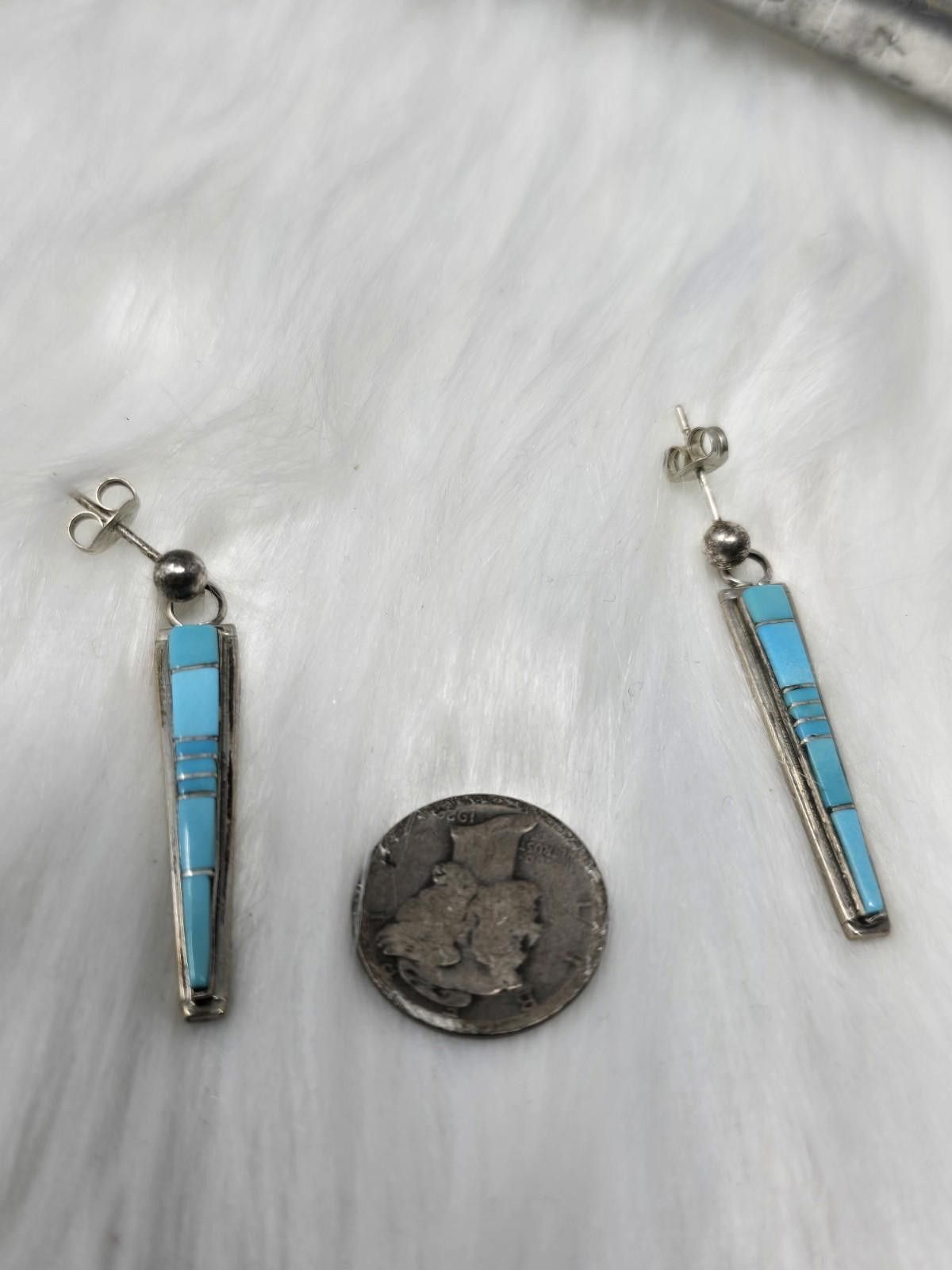 Other Zuni R Natachu Sterling Silver Turquoise Inlay Drop Earrings Size ONE SIZE - 3 Thumbnail