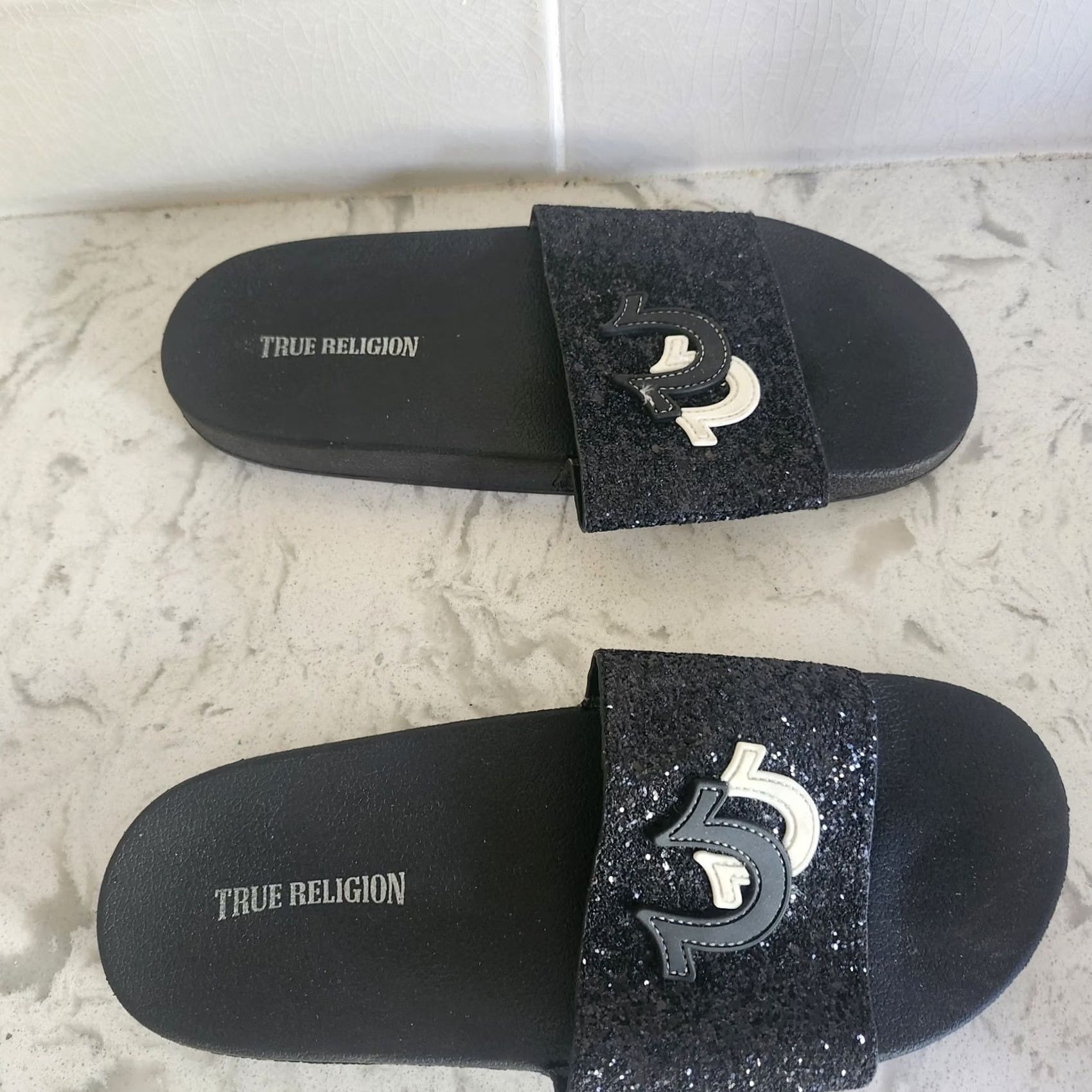 True Religion True Religion Slides Mens 11 Black Glitter Logo Sandals Size ONE SIZE - 5 Thumbnail