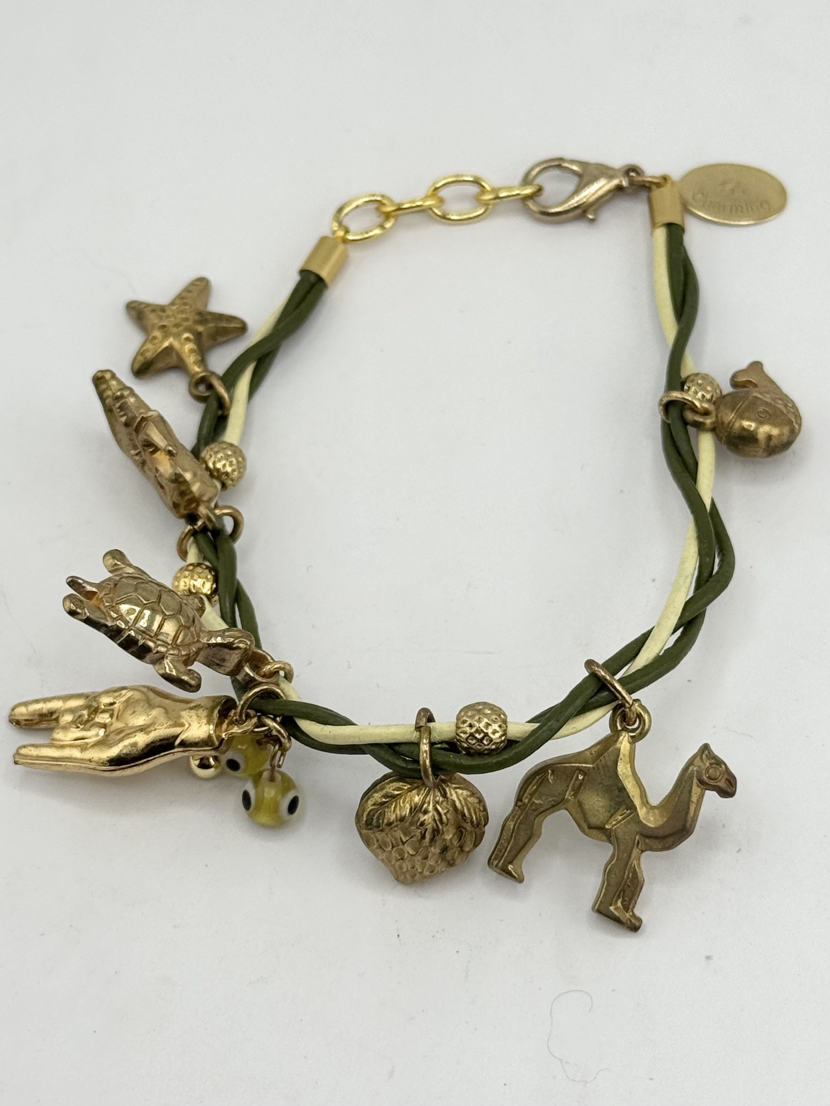Vintage Green and yellow leather braided charm bracelet Size ONE SIZE - 3 Thumbnail
