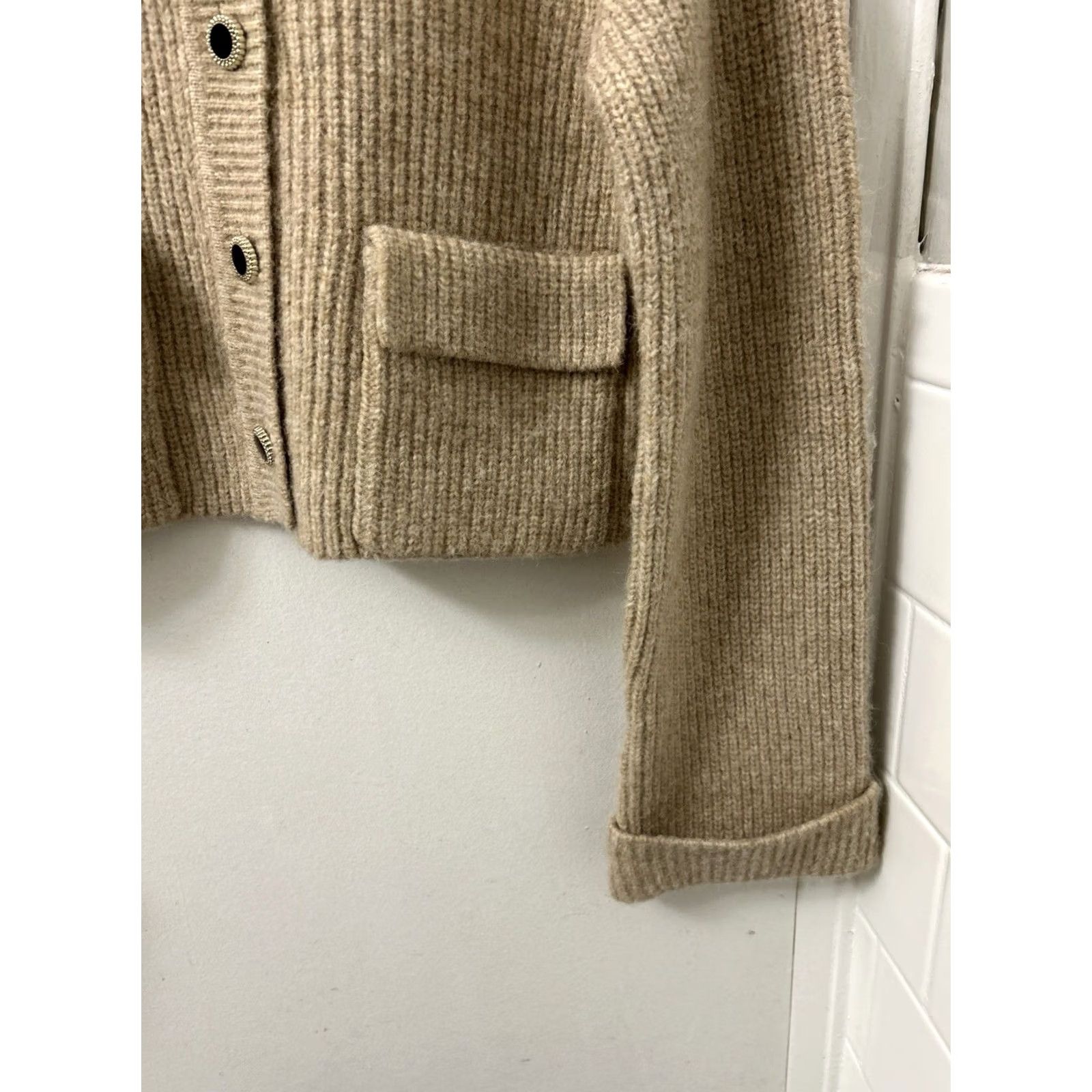 Christian Lacroix Christian Lacroix Cardigan Sweater Womens Small Tan Wool Ribbed Knit Cropped NWT Size S / US 4 / IT 40 - 4 Thumbnail