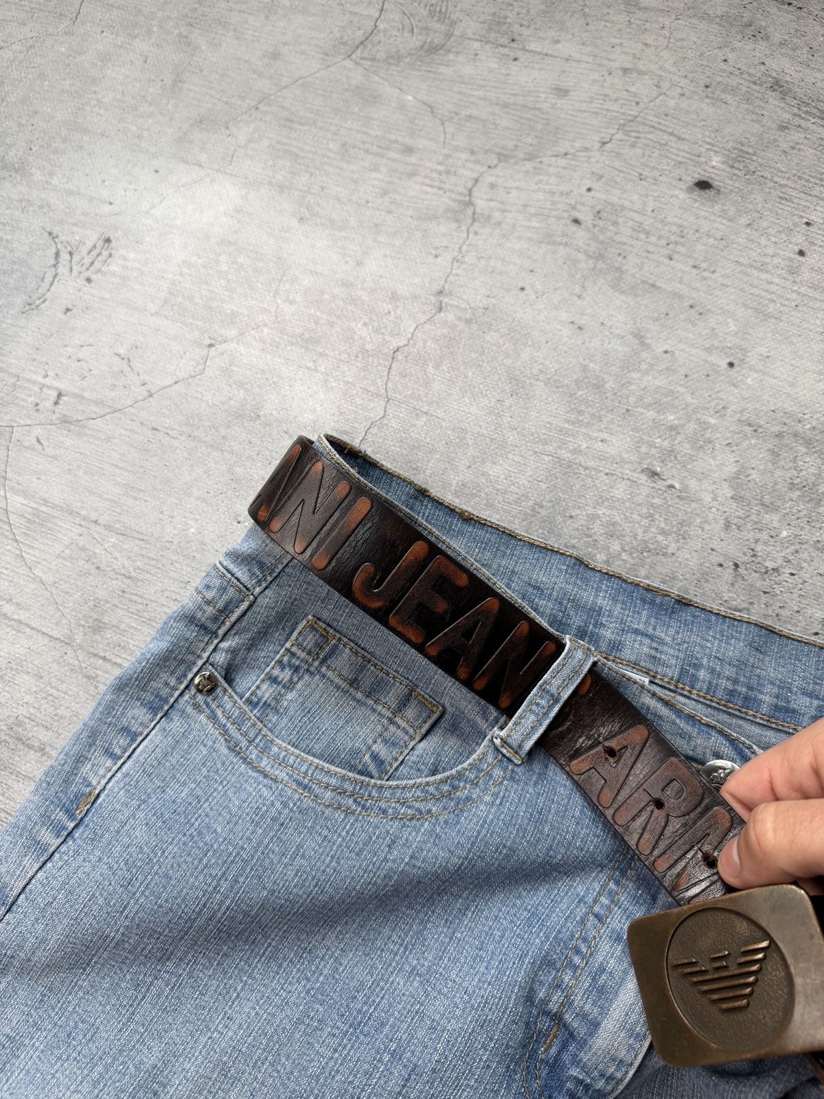 Armani Armani Jeans Retro Brown Leather Belt metal details Logo Y2K Size ONE SIZE - 6 Thumbnail