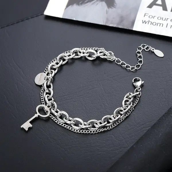 Jewelry Silver Double Chain Key Charm Bracelet, Layered Bracelet Size ONE SIZE - 4 Thumbnail