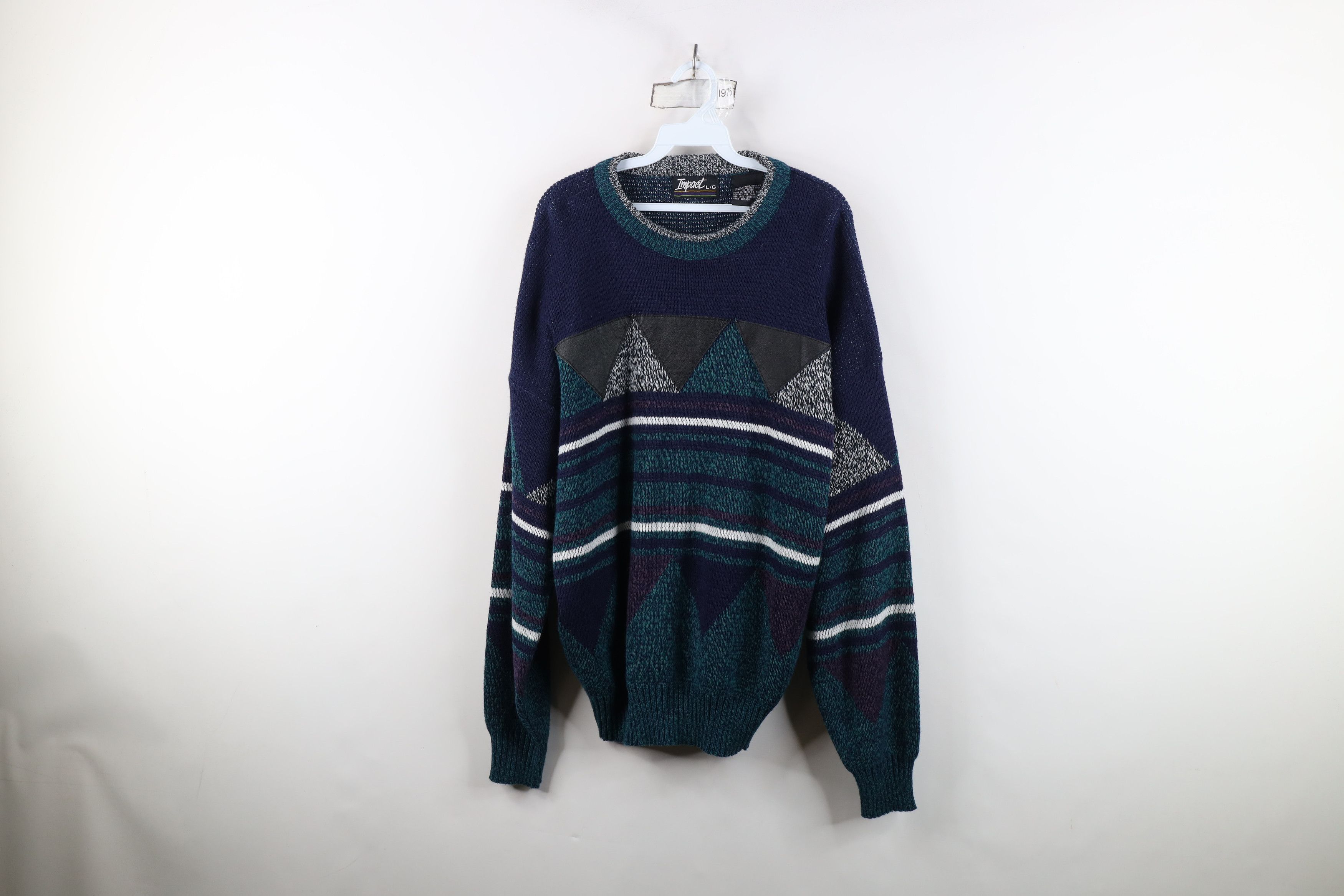 Vintage Vintage 90s Streetwear Geometric Leather Trim Knit Sweater Size US L / EU 52-54 / 3 - 1 Thumbnail