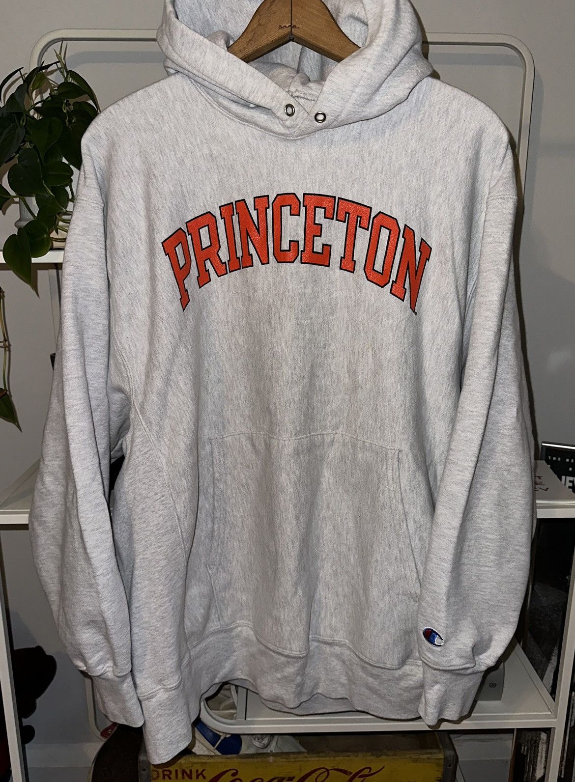 image of Champion x Vintage Princeton Double Sided Print Reverse Weave Hoodie in Grey, Men's (Size Large)