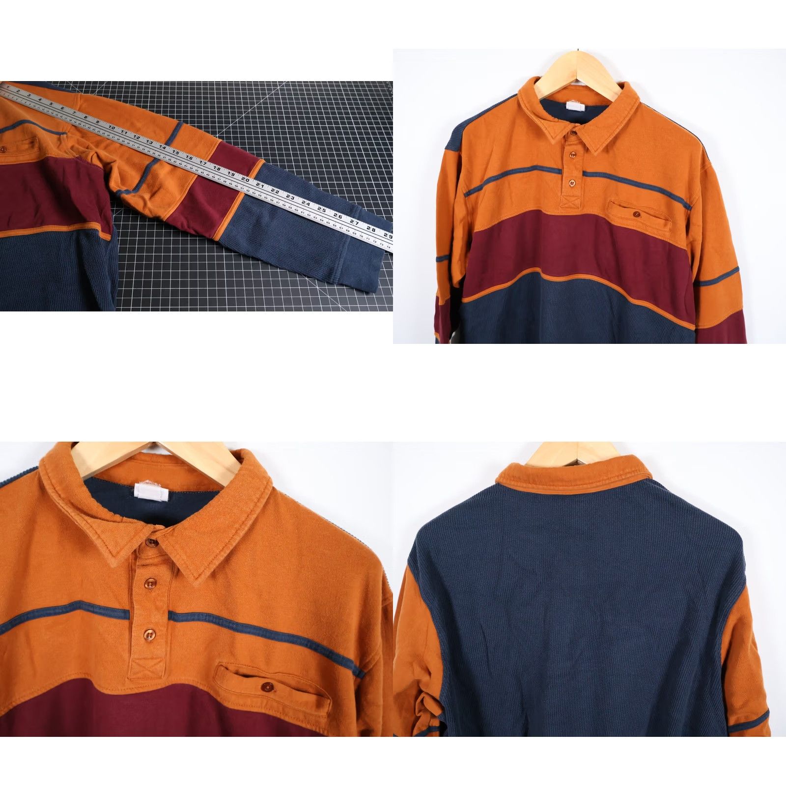 Haband 90s Waffle Knit Polo Shirt Mens 3XL Blue Orange Striped Long Sleeve Vintage VTG Size US XXL / EU 58 / 5 - 8 Thumbnail