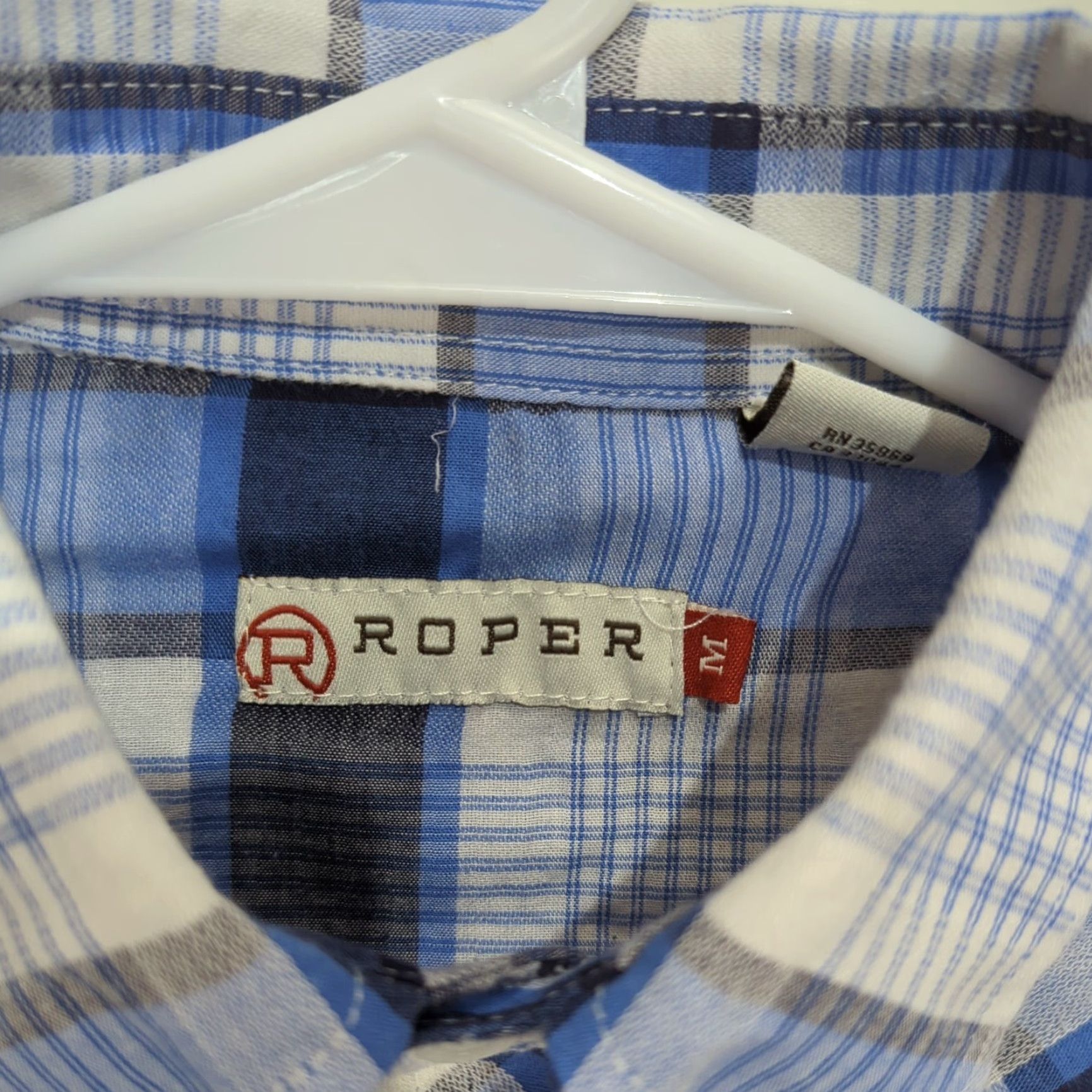Roper Roper Shirt Pearl Snap Blue White Plaid Button-Up Collared Mens Medium Western Cowboy Casual & Business Wearable Shirt Size US M / EU 48-50 / 2 - 2 Thumbnail