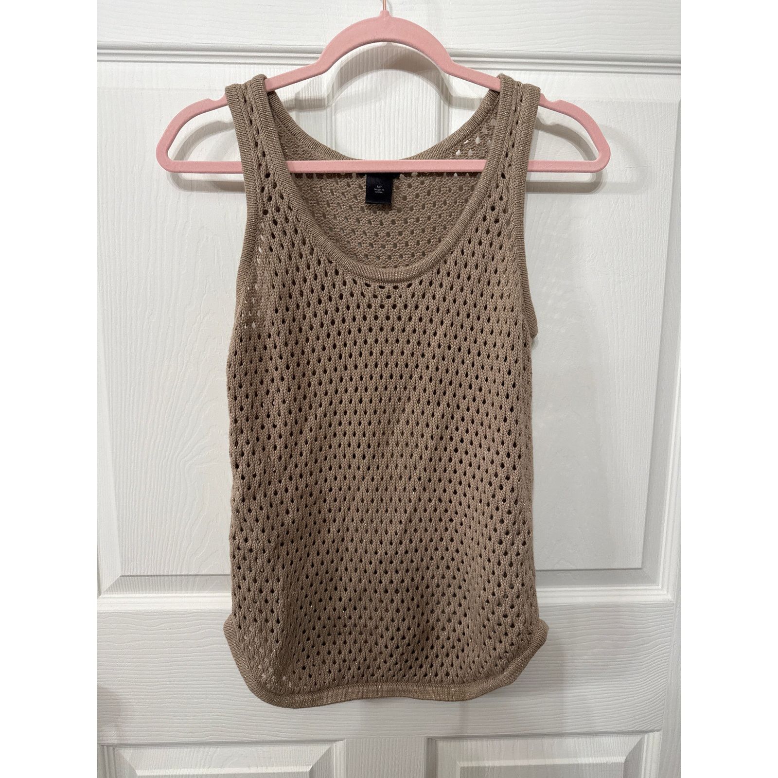 Ann Taylor Gold Metallic Open Knit Crochet Sweater Tank, Mp, Women's (Size Medium)