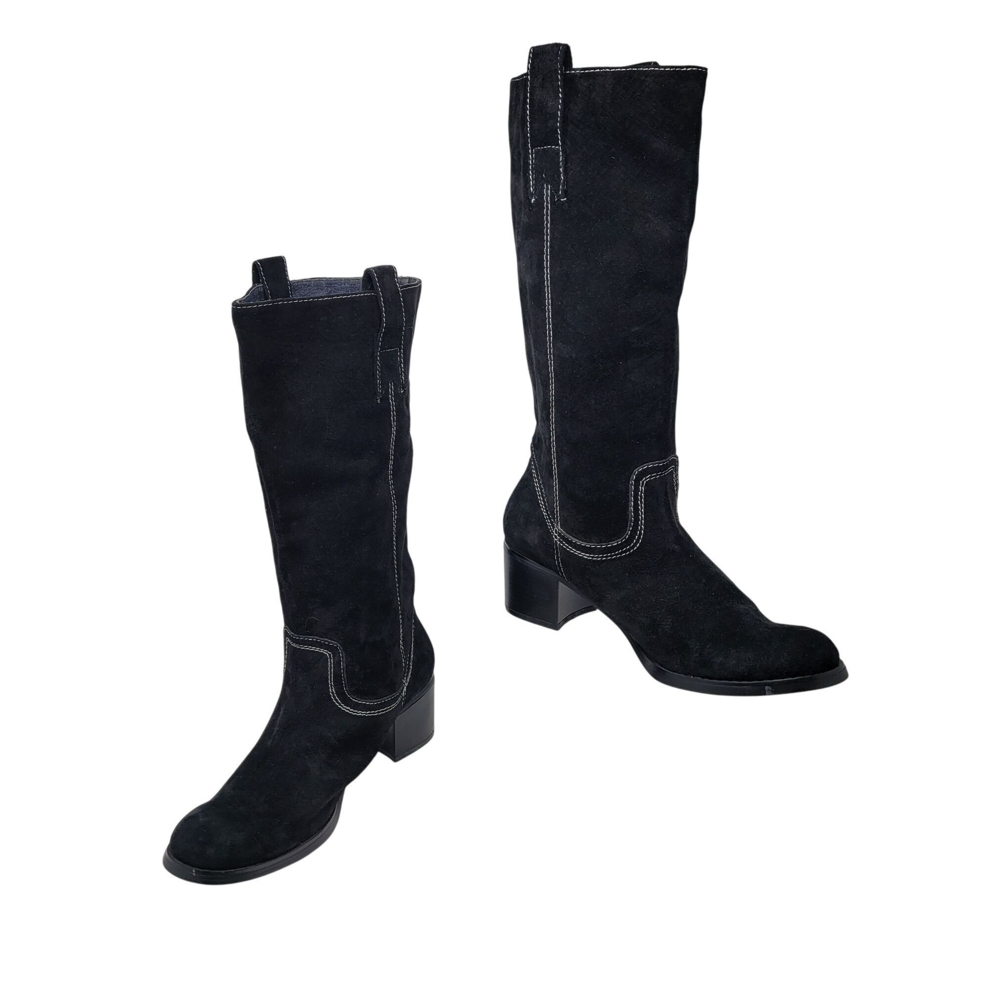 Vintage Vintage Black Suede Leather Knee High Cowboy Boots 10 White Size US 10 / IT 40 - 1 Thumbnail