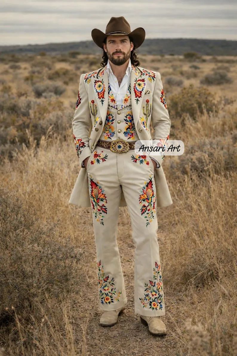 Other Men 3PC Customized Floral embroidery western Nudie Outfit Size 44L - 1 Thumbnail