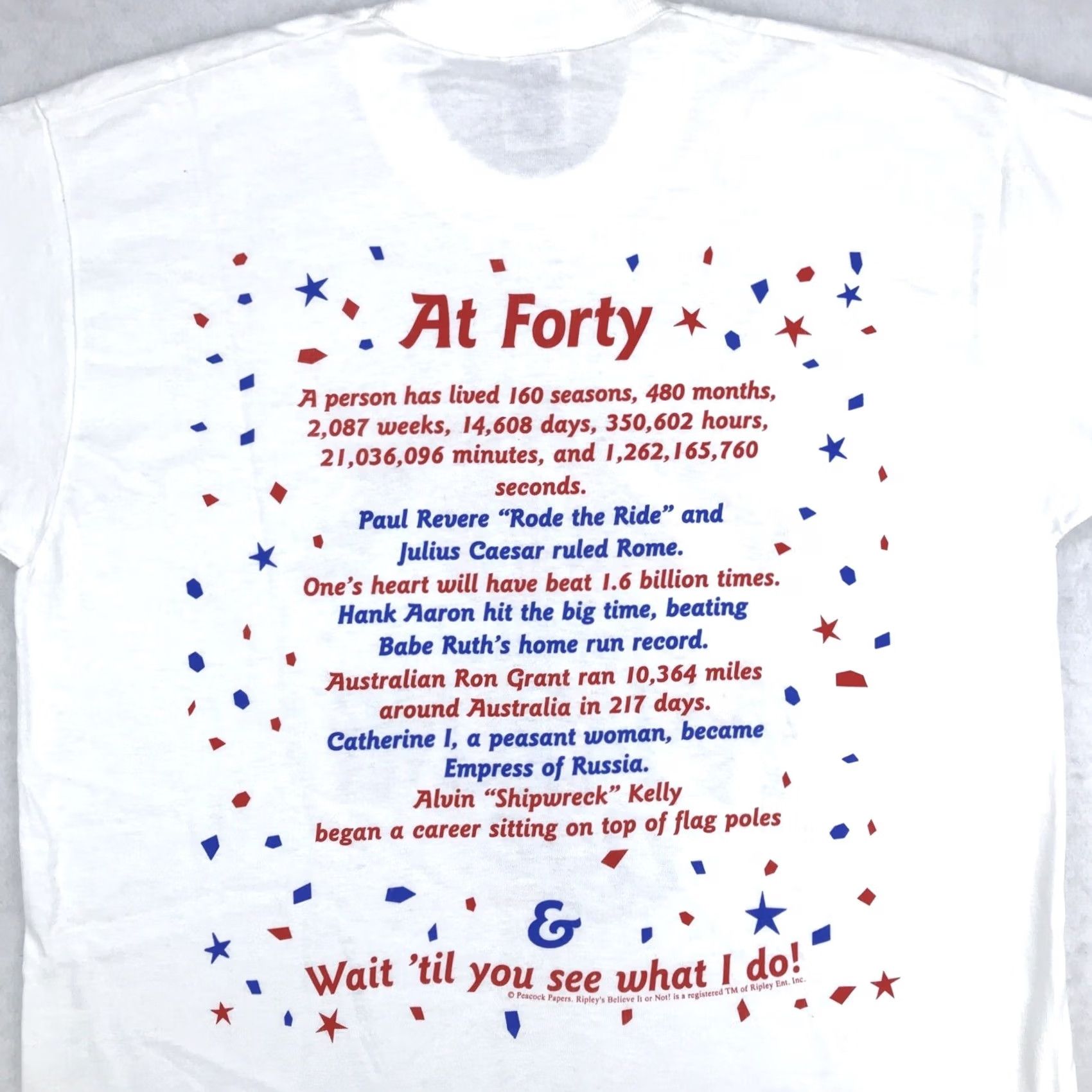 Fruit Of The Loom NOS vtg 90s RIPLEY’S BELIEVE IT OR NOT 40 IS THE MOST AMAZING AGE T-Shirt L bday Shirt Men White Cotton Double-Sided Vintage 80s 90s Funny Novelty Size US L / EU 52-54 / 3 - 7 Thumbnail