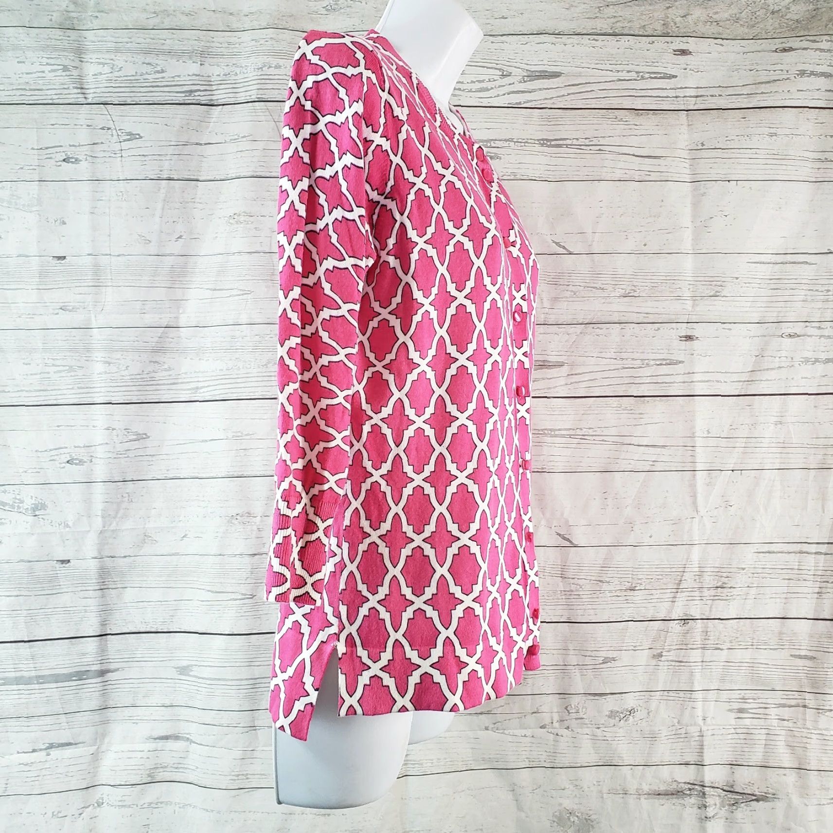 Vintage Crown & Ivy Womens Cardigan Sz Small Pink White Button Front 3/4 Sleeve Sh Size S / US 4 / IT 40 - 3 Thumbnail