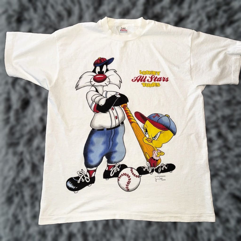 Vintage VINTAGE Looney Tunes Shirt XL White 90s Baseball All Stars Sylvester Tweety Batter Size US XL / EU 56 / 4 - 1 Thumbnail
