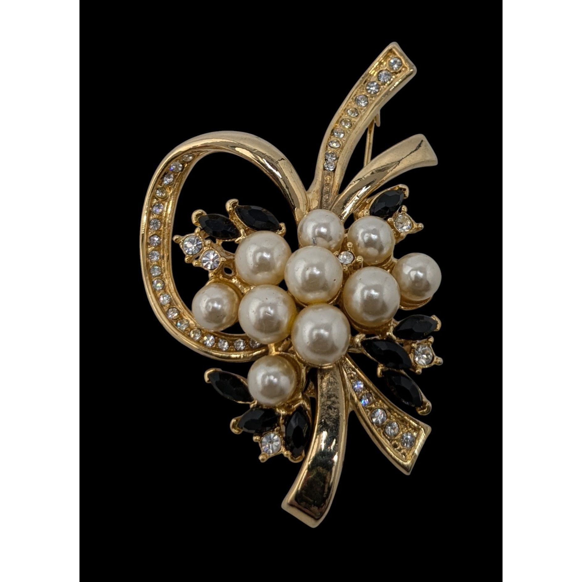 Other Vintage Glam Floral Gold-Tone Brooch With Faux Pearls Black Size ONE SIZE - 1 Thumbnail