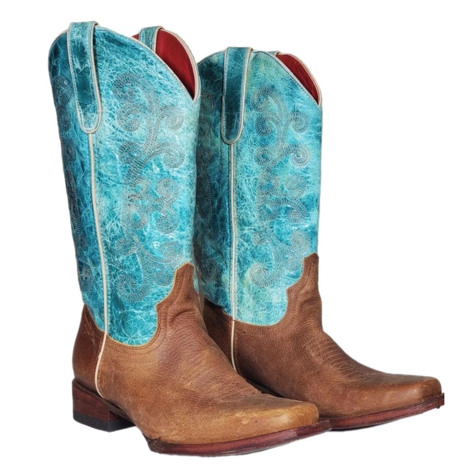 Hunter Ferrini Hunter Western Boots Square Toe Chocolate Brown Turquoise Women US 10 B Leather Embroidered Block Heel XS? Size US 10 / IT 40 - 2 Thumbnail
