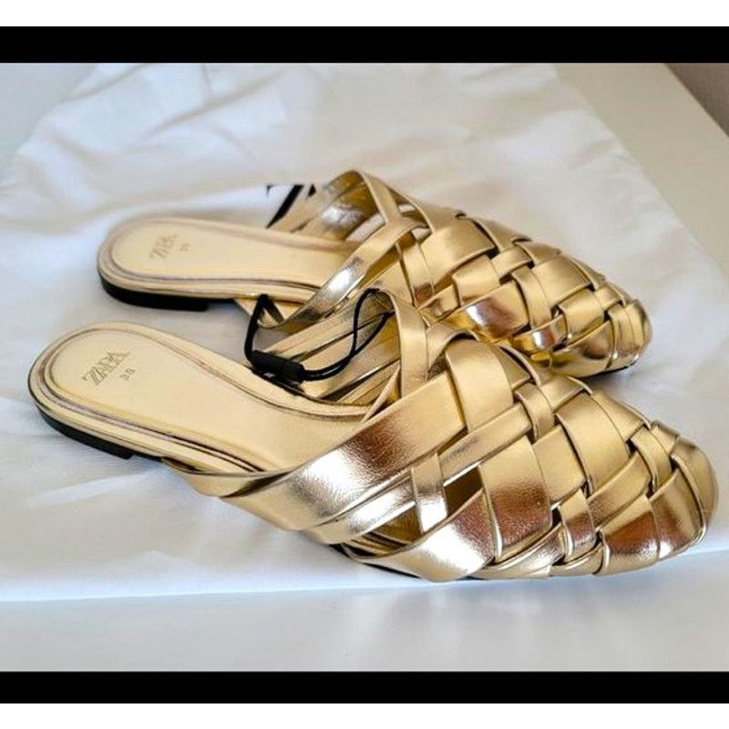 Zara ZARA Gold Woven Metallic Flat Mules NWT Size US 7.5 / IT 37.5 - 10 Thumbnail