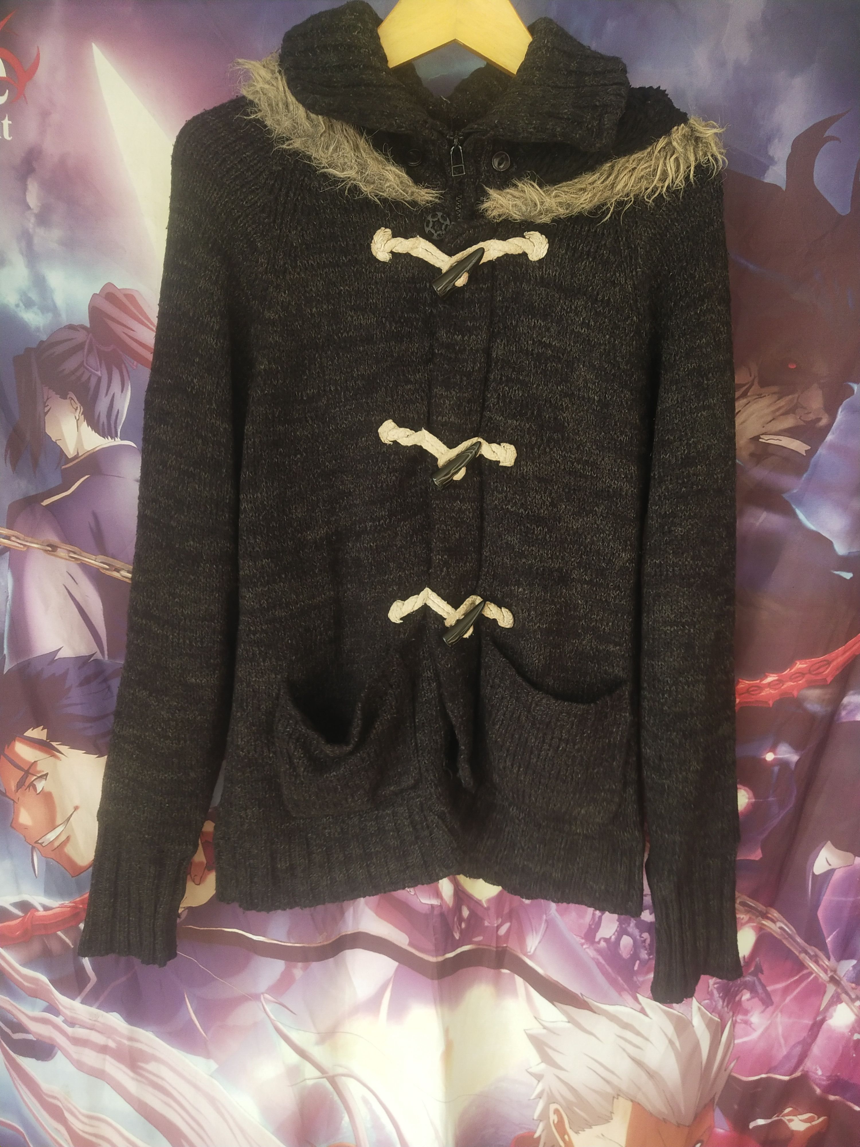 Le Grande Bleu (L.G.B.) 2000s Noble Product Faux Fur Hooded Knit Duffle Cardigan Size M / US 6-8 / IT 42-44 - 1 Thumbnail