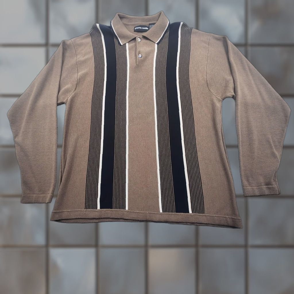 Pierre Cardin Piere Cardin Polo Shirt Mens XL Brown Black Vertical Stripe Knit Long Sleeve Polo Collar Lightweight Breathable Casual Size US XL / EU 56 / 4 - 1 Thumbnail