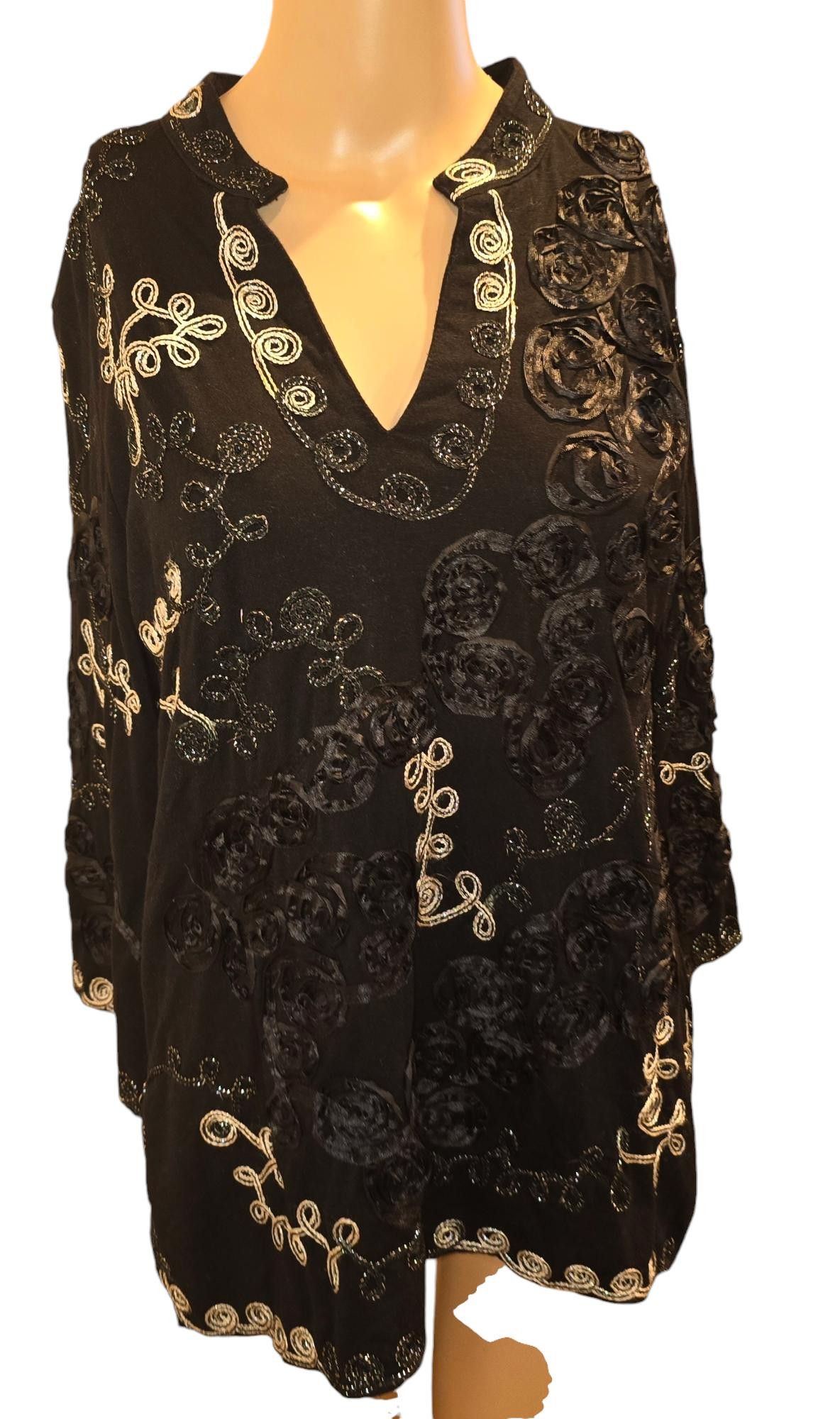 Designer Elegant Black Embroidered Tunic Blouse Size L / US 10 / IT 46 - 1 Thumbnail