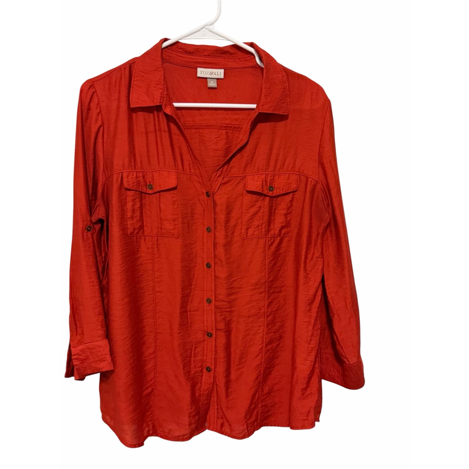 Other Roz & Ali Coral Long Sleeve Button Up Pocket Collared Blouse Size M / US 6-8 / IT 42-44 - 3 Thumbnail
