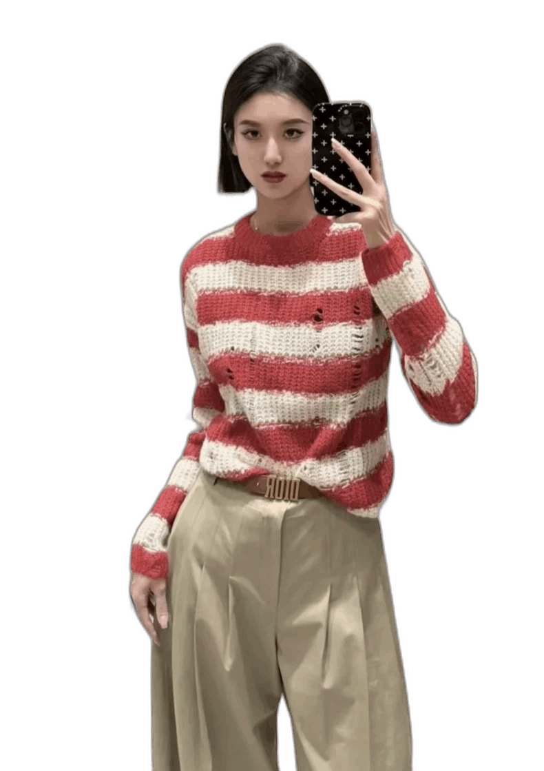 Dior Red and White Striped Embroidered Sweater-2506 Size L / US 10 / IT 46 - 1 Thumbnail