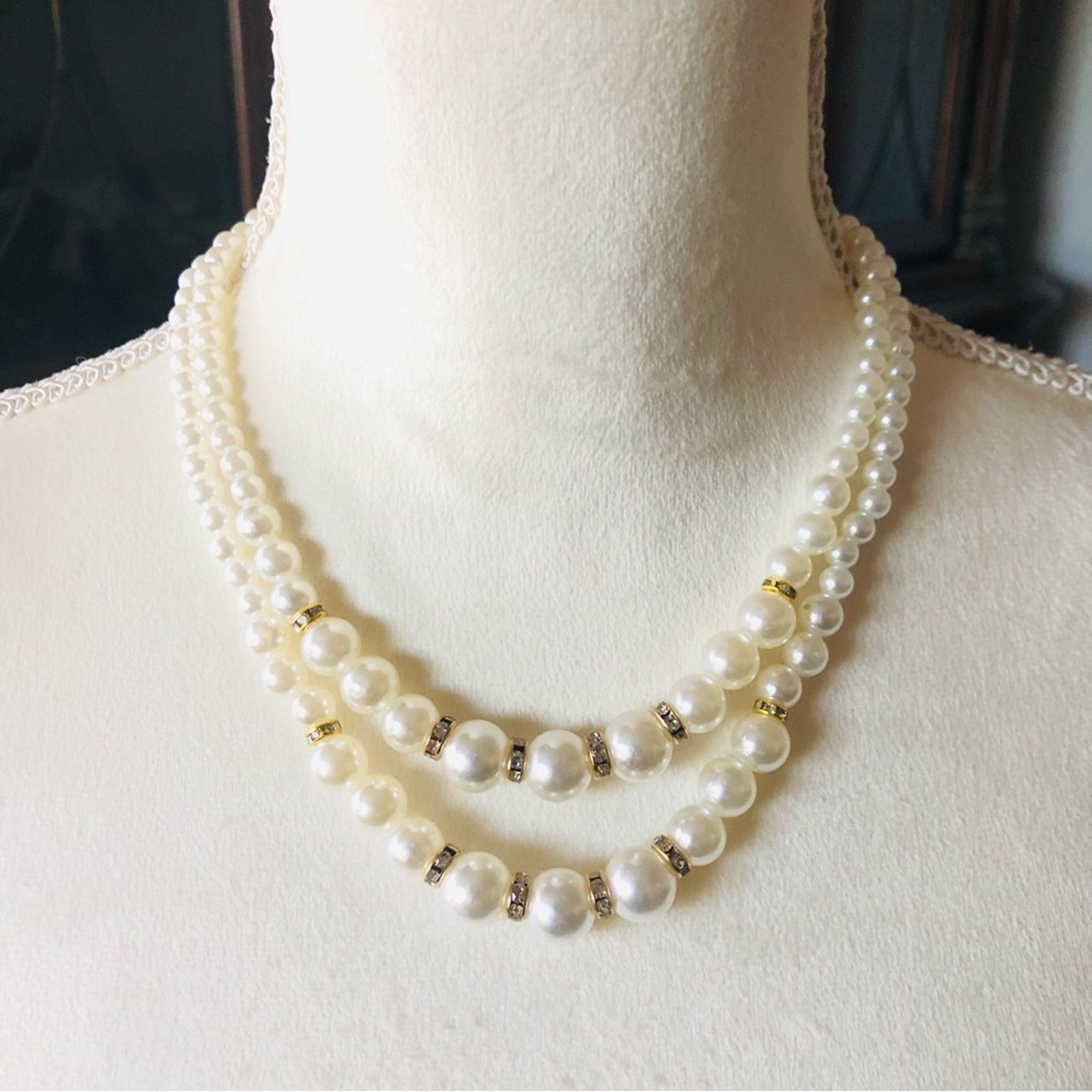 Handmade Handcrafted double strand white acrylic Pearl bead necklace Size ONE SIZE - 2 Thumbnail