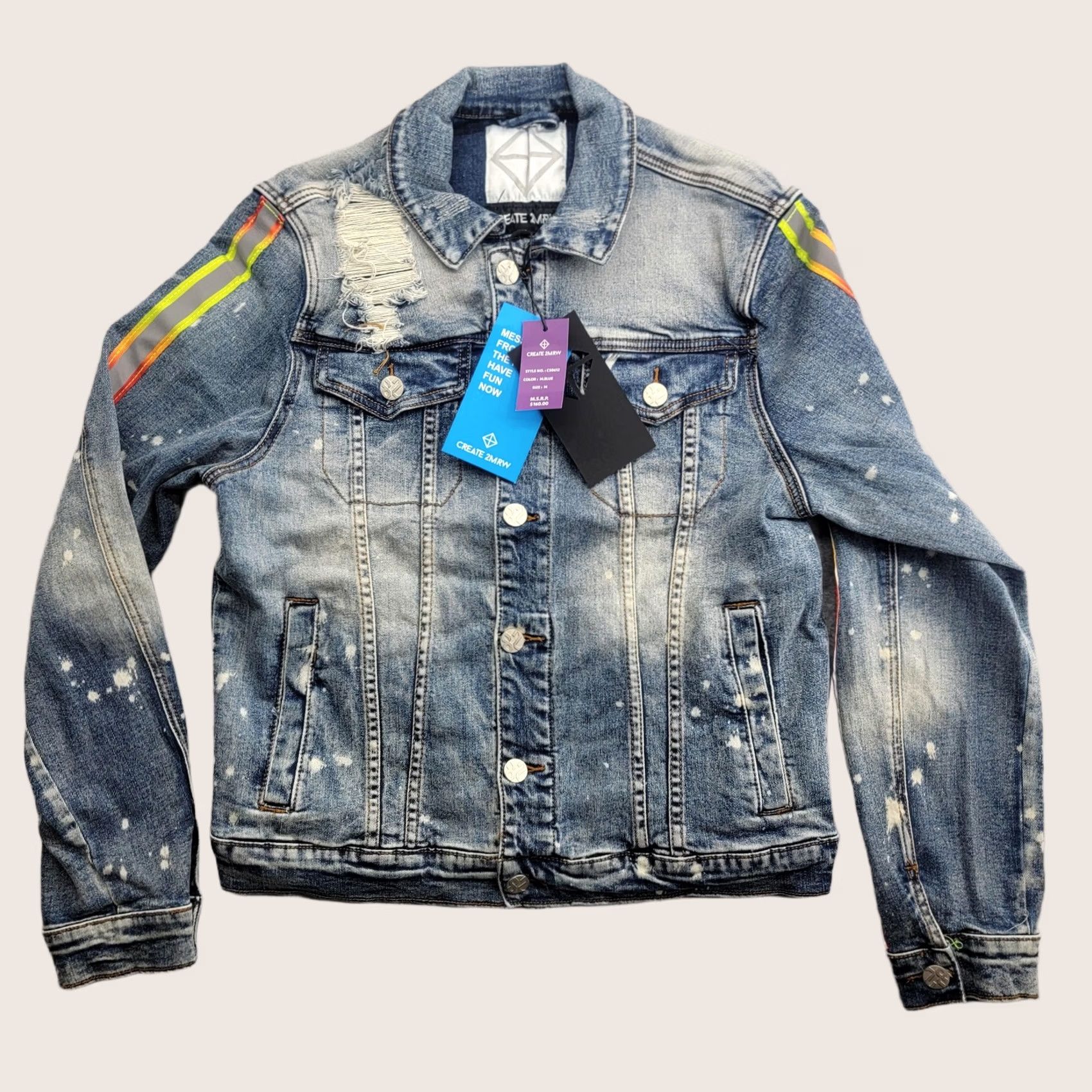 Denime CREATE 2MRW Jacket Mens M Blue Denim Distressed Paint Splatter Reflective CS0612 Size US M / EU 48-50 / 2 - 1 Thumbnail