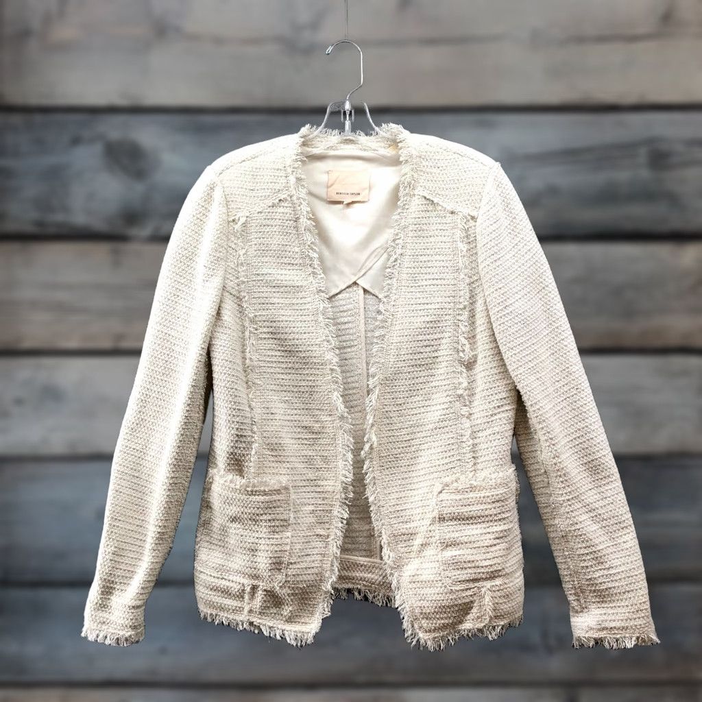 Rebecca Taylor Rebecca Taylor Tweed Fringe Jacket Womens 10 Ivory Open Blazer Size L / US 10 / IT 46 - 1 Thumbnail