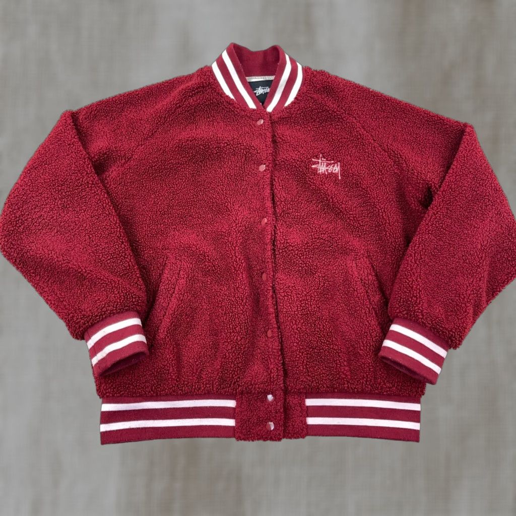 Etro Stussy Varsity Jacket Women Small Red Burgundy Sherpa Deep Pile Retro Snap Micah Size S / US 4 / IT 40 - 1 Thumbnail
