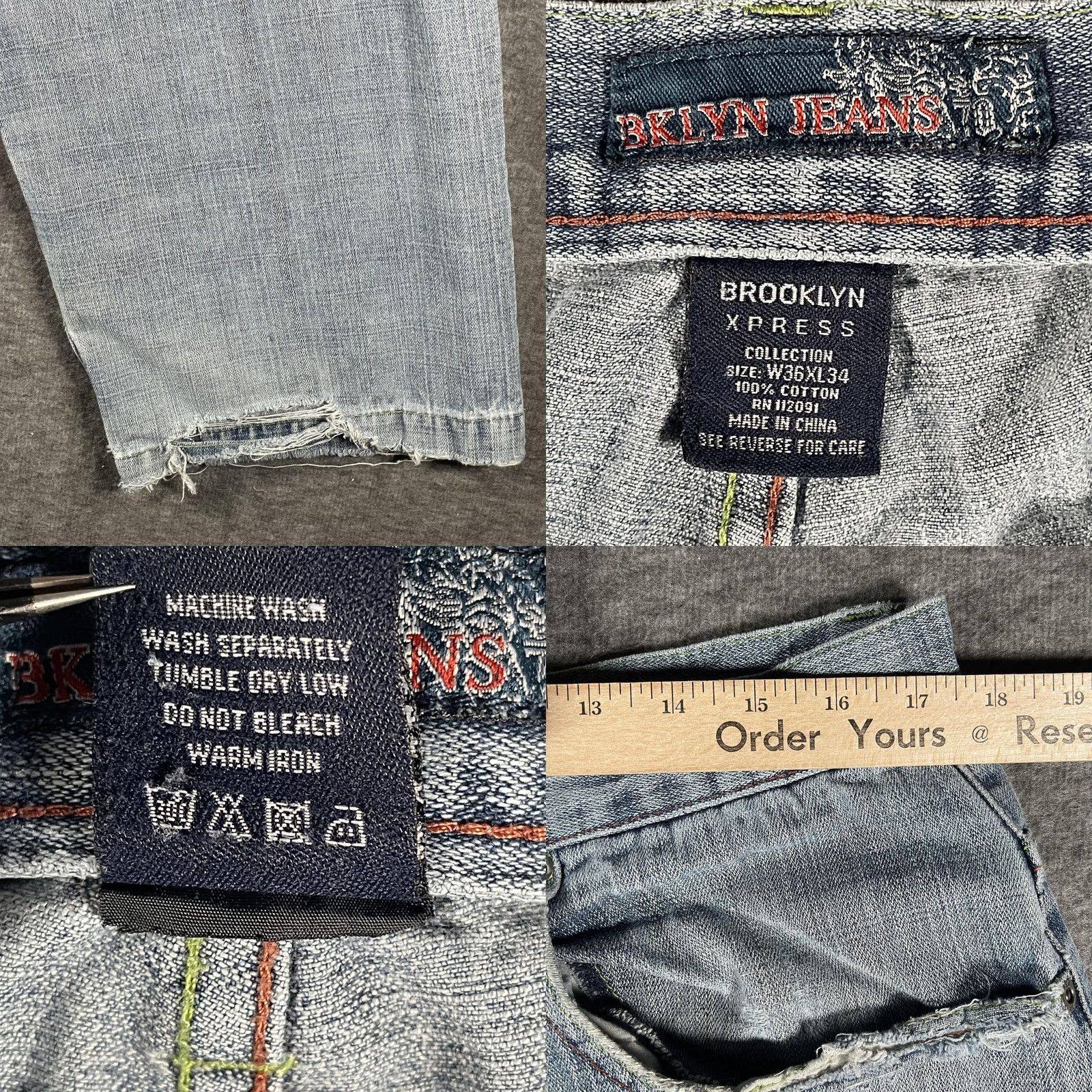 Denime BKLYN Jeans Mens 36x34 Light Wash Blue Denim Straight Leg Distressed Pockets Baggy Relaxed Vintage No Size US 36 / EU 52 - 8 Thumbnail