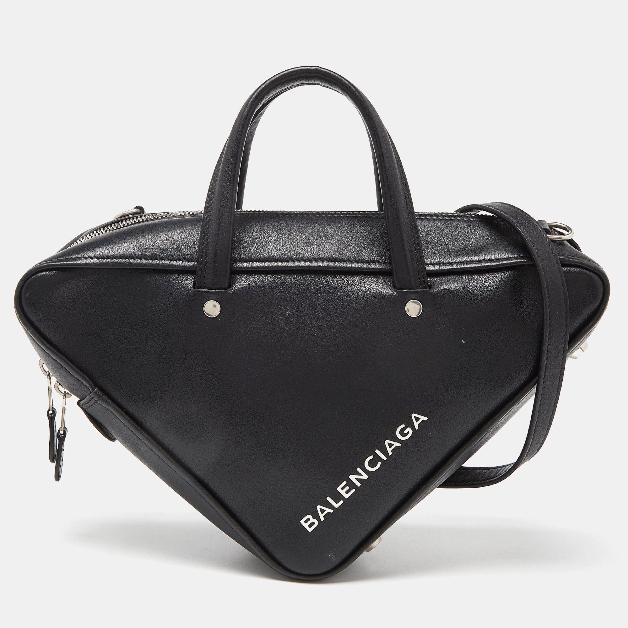 image of Balenciaga Black Leather Small Triangle Duffle Bag, Women's