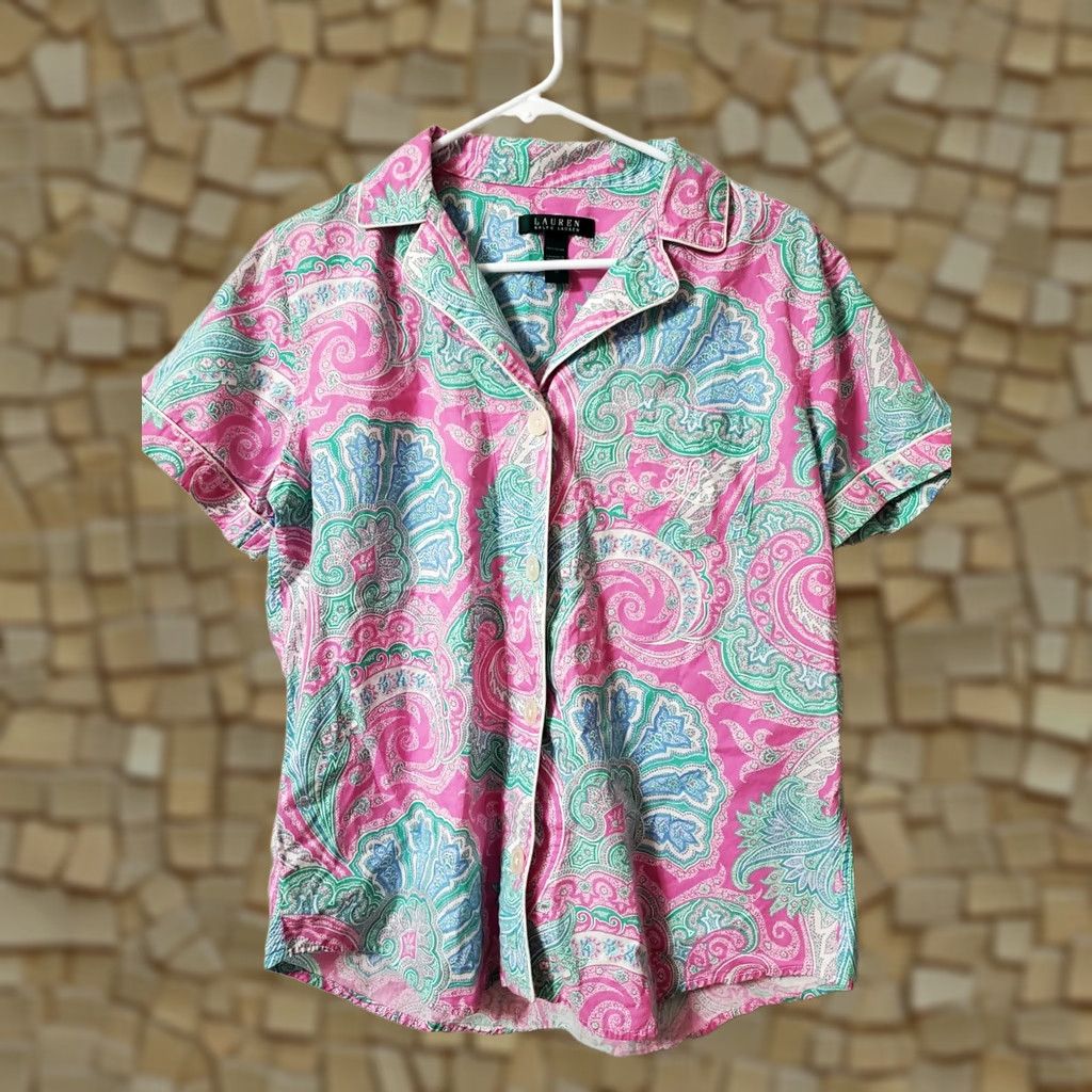 Ralph Lauren Lauren Ralph Lauren Paisley Short Sleeve Top Button-Up Cotton Pink M Womens Regular Shirt Size M / US 6-8 / IT 42-44 - 1 Thumbnail