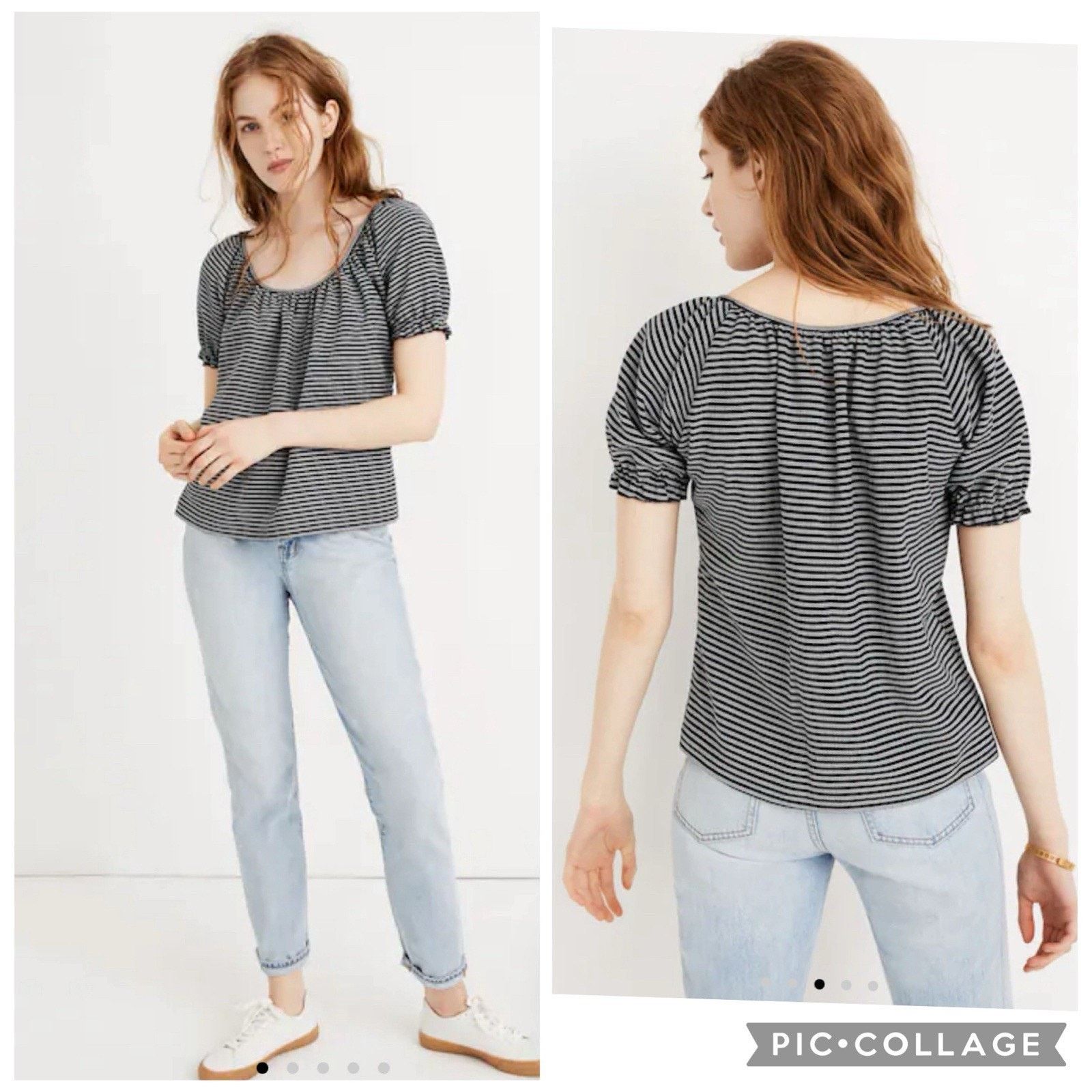 Madewell Madewell Striped Puff Sleeve Peasant Top Medium Navy Blue Size M / US 6-8 / IT 42-44 - 1 Thumbnail