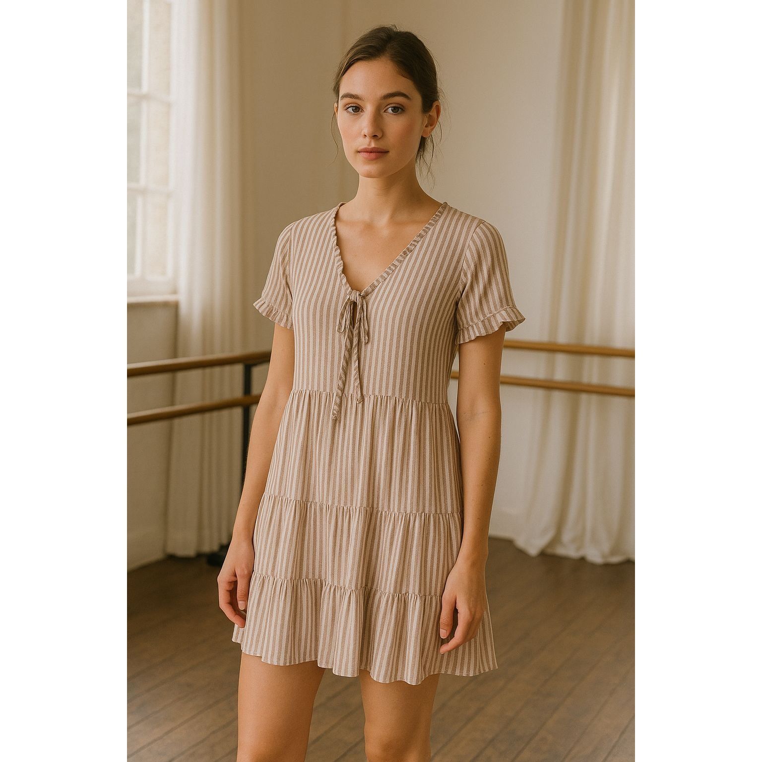 Other Willow & Clay Woman Brown White Striped Dress Large Cottagec Size L / US 10 / IT 46 - 2 Thumbnail